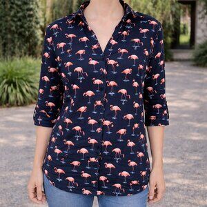 New York & Company Navy Flamingo Print Shirt